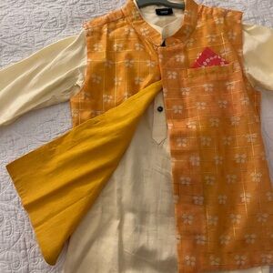 Yellow Printed Desi Kurta With Pyjama And Jacket (Set of 3)